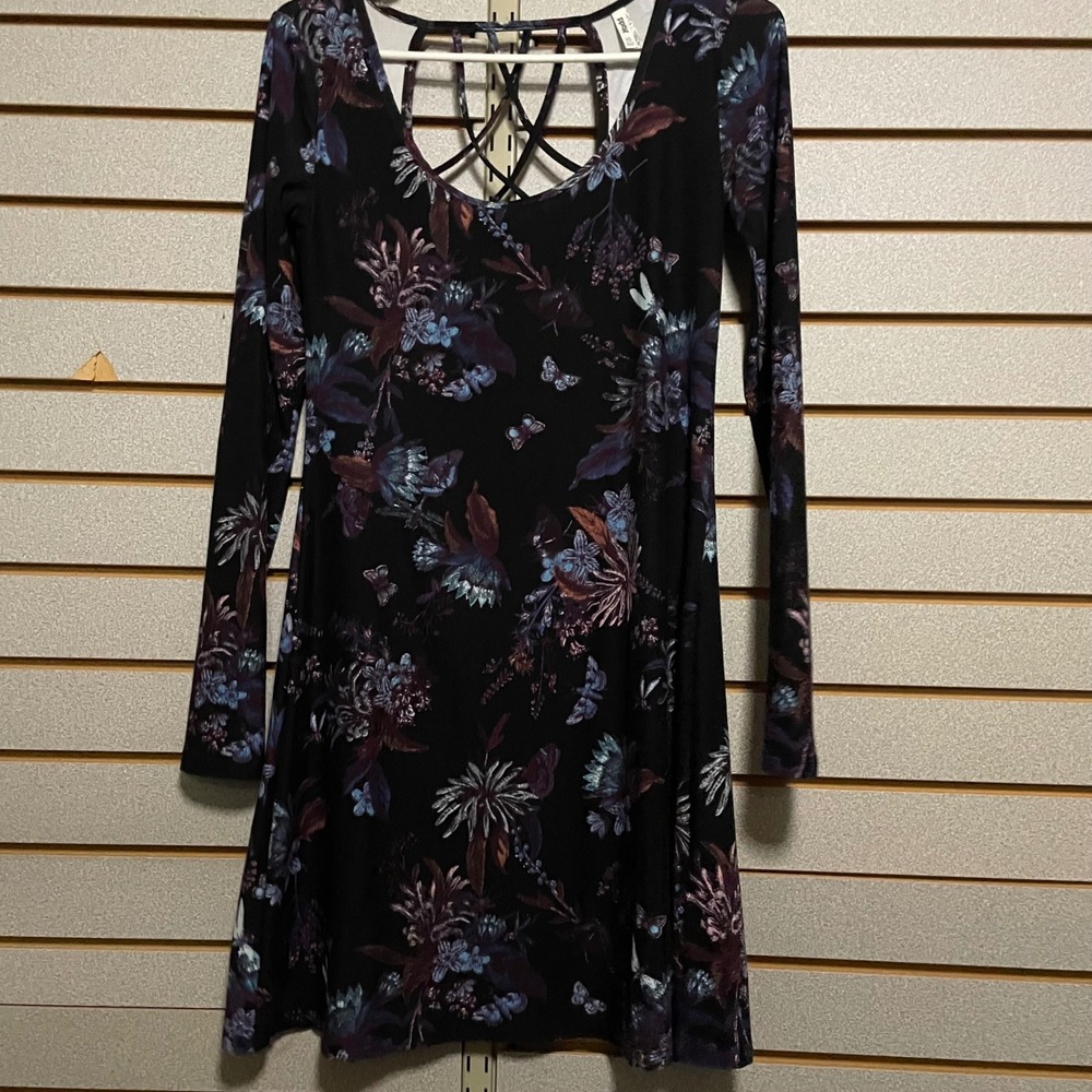 Mudd Womens Dress Black Floral Lattice Back Long Sleeve Mini